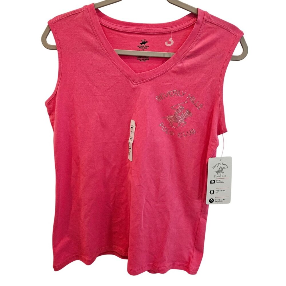 Beverly Hills Polo Club Womens V Neck Tank Top Shirt Pink Rhinestone Size S NWT